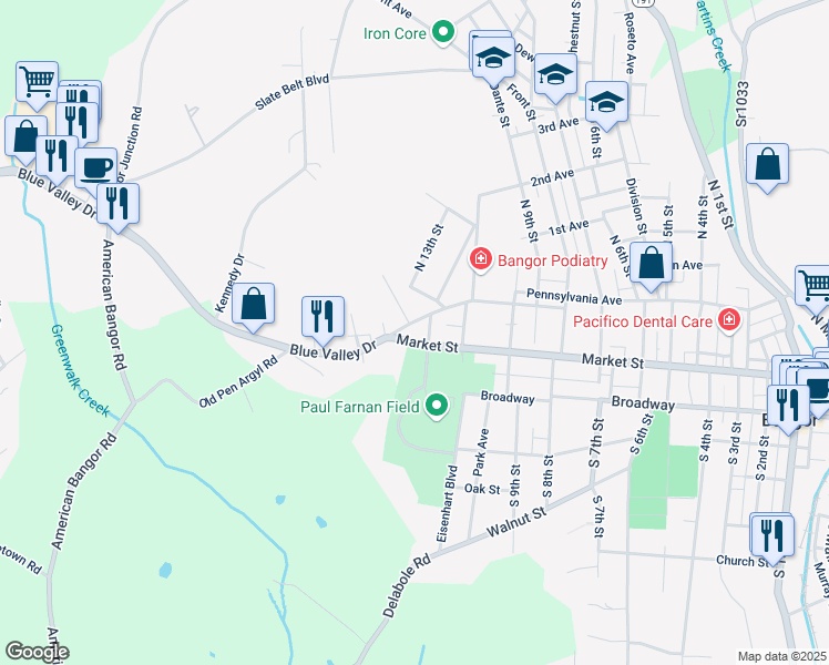 map of restaurants, bars, coffee shops, grocery stores, and more near 1033 Market Street in Bangor