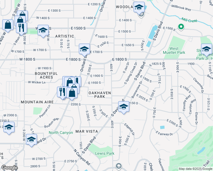 map of restaurants, bars, coffee shops, grocery stores, and more near 2059 South 350 East in Bountiful