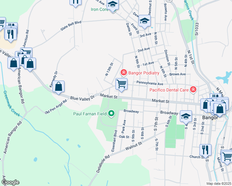 map of restaurants, bars, coffee shops, grocery stores, and more near 35 North 11th Street in Bangor