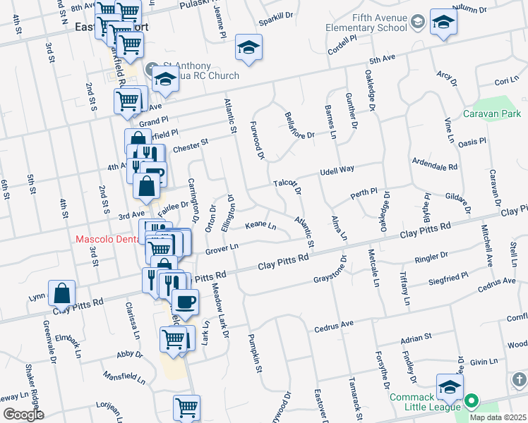 map of restaurants, bars, coffee shops, grocery stores, and more near 75 Keane Lane in East Northport