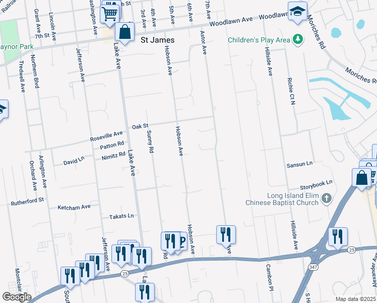 map of restaurants, bars, coffee shops, grocery stores, and more near 89 Hobson Avenue in St. James