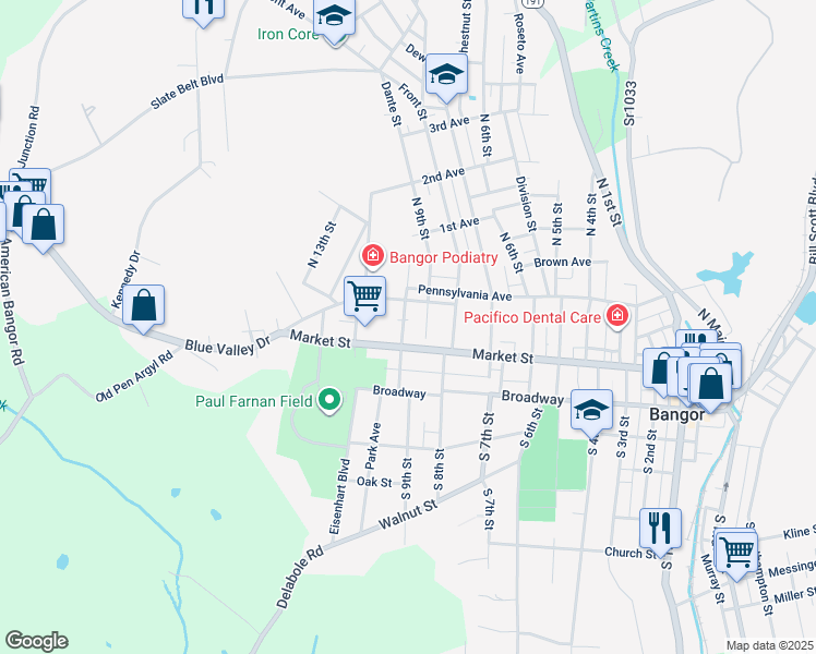 map of restaurants, bars, coffee shops, grocery stores, and more near 47 North 9th Street in Bangor