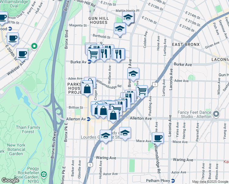 map of restaurants, bars, coffee shops, grocery stores, and more near 2911 Barnes Avenue in Bronx