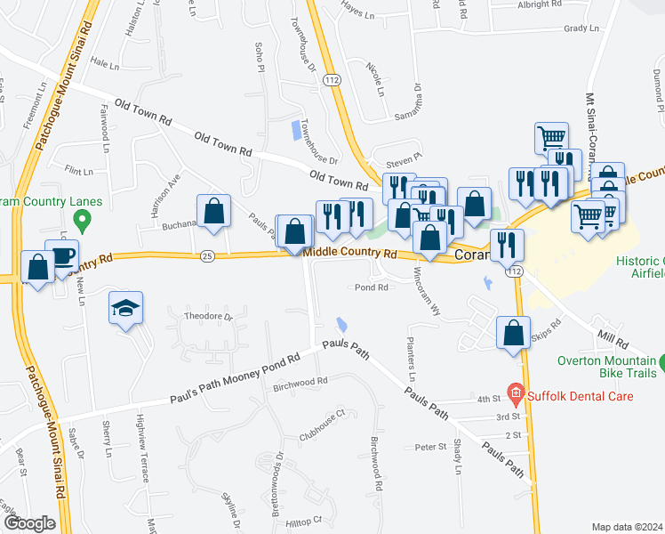 map of restaurants, bars, coffee shops, grocery stores, and more near 627 Charles Pond Drive in Coram