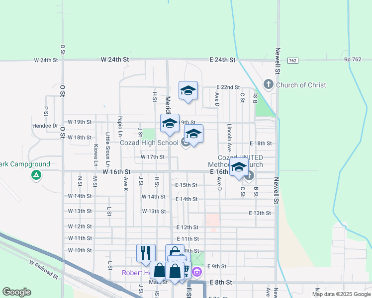 map of restaurants, bars, coffee shops, grocery stores, and more near 1810 Meridian Avenue in Cozad