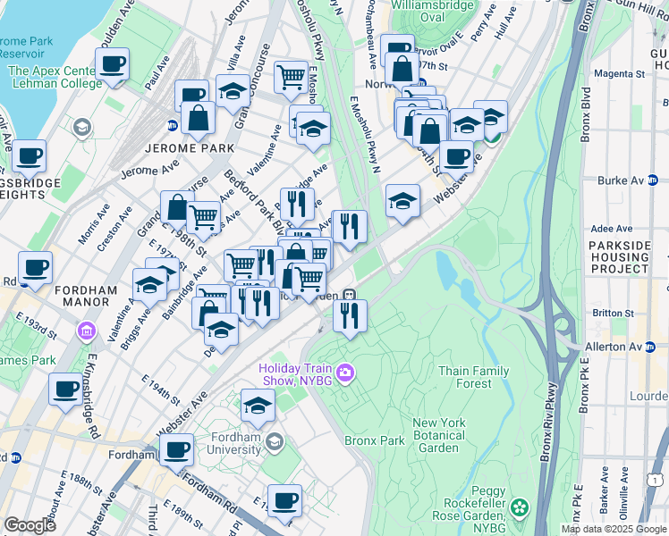 map of restaurants, bars, coffee shops, grocery stores, and more near 383 East 201st Street in The Bronx