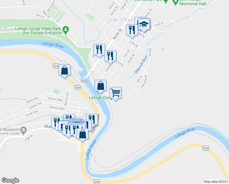 map of restaurants, bars, coffee shops, grocery stores, and more near E Front St & Maple St in Jim Thorpe