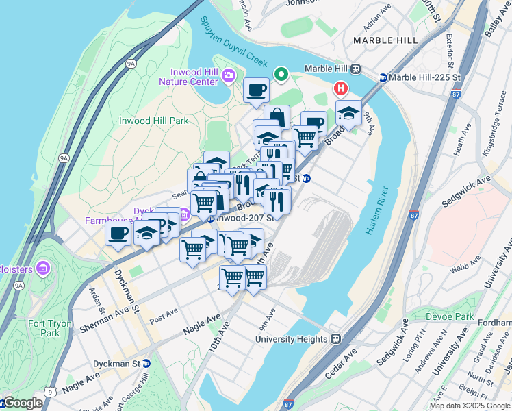 map of restaurants, bars, coffee shops, grocery stores, and more near 4998 Broadway in New York
