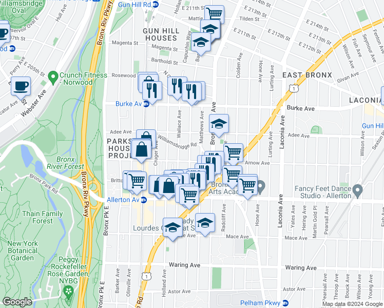 map of restaurants, bars, coffee shops, grocery stores, and more near 2952 Williamsbridge Road in Bronx