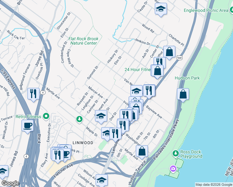 map of restaurants, bars, coffee shops, grocery stores, and more near 60 West Bayview Avenue in Englewood Cliffs