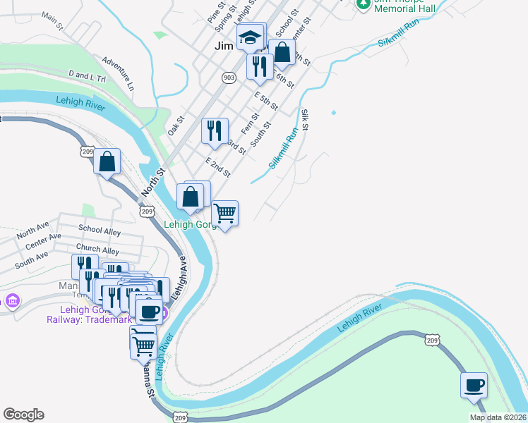 map of restaurants, bars, coffee shops, grocery stores, and more near 132 Silk Street in Jim Thorpe