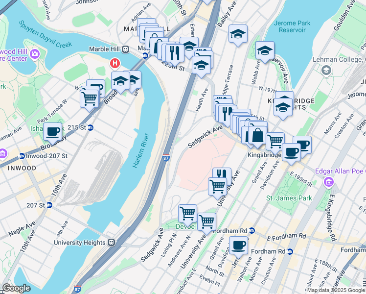 map of restaurants, bars, coffee shops, grocery stores, and more near 2575 Sedgwick Avenue in Bronx