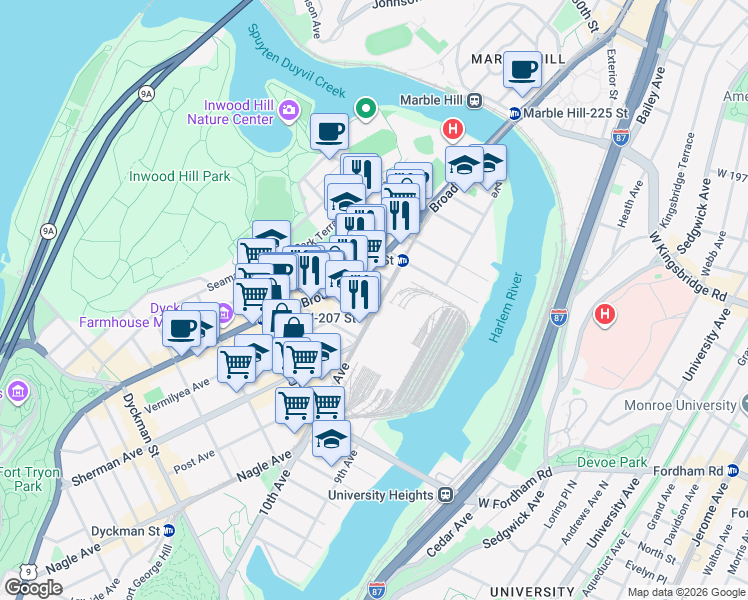 map of restaurants, bars, coffee shops, grocery stores, and more near 500 West 213th Street in New York