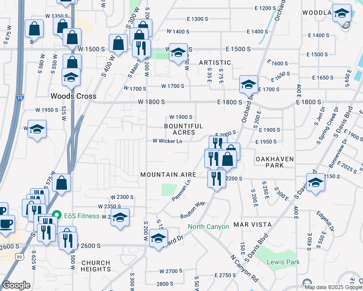 map of restaurants, bars, coffee shops, grocery stores, and more near 55 West 1950 South in Bountiful
