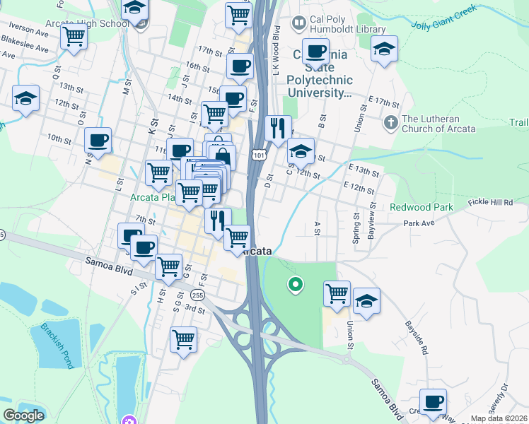 map of restaurants, bars, coffee shops, grocery stores, and more near 501 9th Street in Arcata
