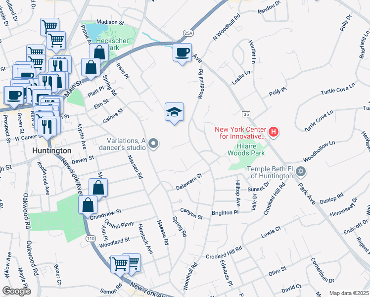 map of restaurants, bars, coffee shops, grocery stores, and more near 3 North Wesley Court in Huntington