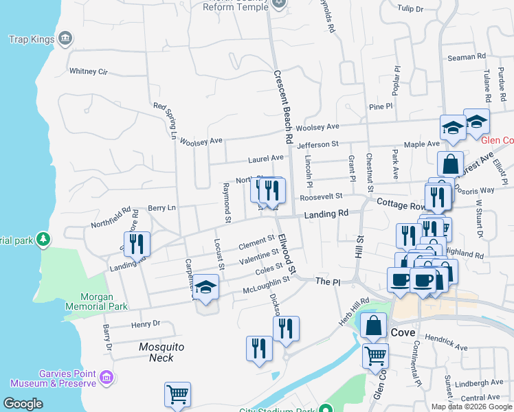 map of restaurants, bars, coffee shops, grocery stores, and more near 12 George Street in Glen Cove
