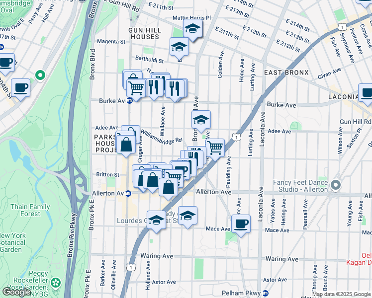 map of restaurants, bars, coffee shops, grocery stores, and more near 2952 Williamsbridge Road in Bronx