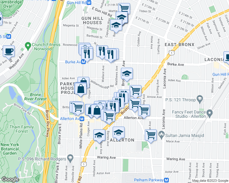 map of restaurants, bars, coffee shops, grocery stores, and more near 2952 Williamsbridge Road in Bronx
