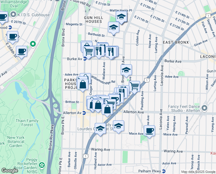 map of restaurants, bars, coffee shops, grocery stores, and more near 2952 Williamsbridge Road in Bronx