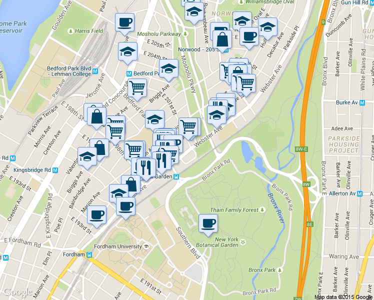 map of restaurants, bars, coffee shops, grocery stores, and more near 383 East 201st Street in The Bronx