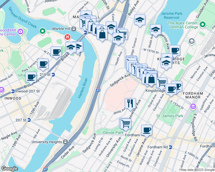 map of restaurants, bars, coffee shops, grocery stores, and more near 2630 Heath Avenue in Bronx
