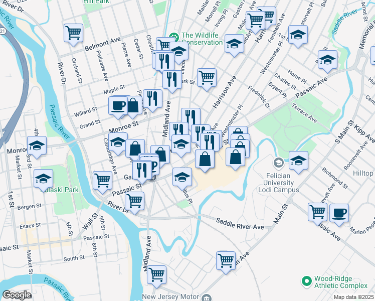 map of restaurants, bars, coffee shops, grocery stores, and more near 49 Harrison Avenue in Garfield