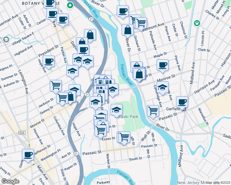 map of restaurants, bars, coffee shops, grocery stores, and more near 200 4th Street in Passaic