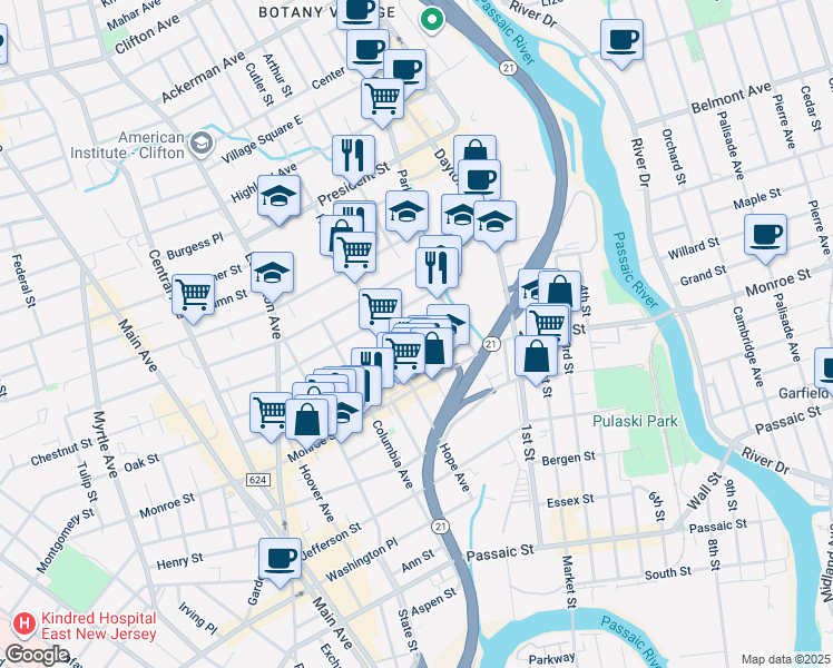 map of restaurants, bars, coffee shops, grocery stores, and more near 31 Van Buren Street in Passaic