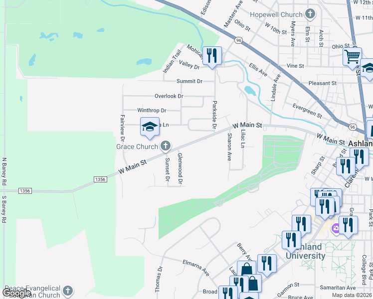 map of restaurants, bars, coffee shops, grocery stores, and more near 1070 West Main Street in Ashland