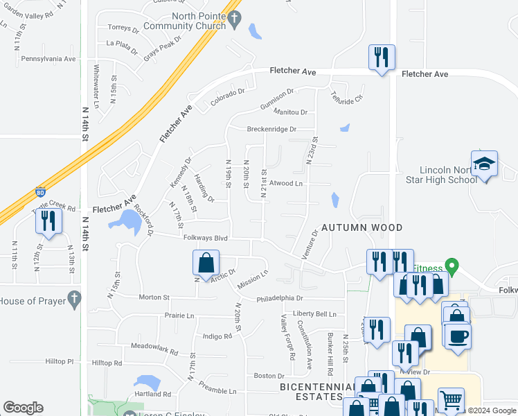 map of restaurants, bars, coffee shops, grocery stores, and more near 5655 North 21st Street in Lincoln