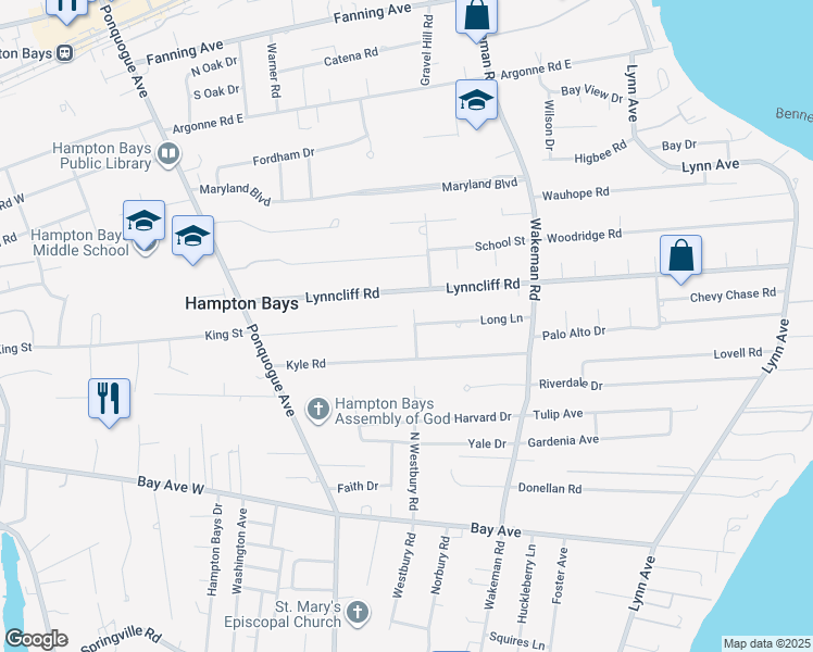 map of restaurants, bars, coffee shops, grocery stores, and more near 7 Holiday Court in Hampton Bays