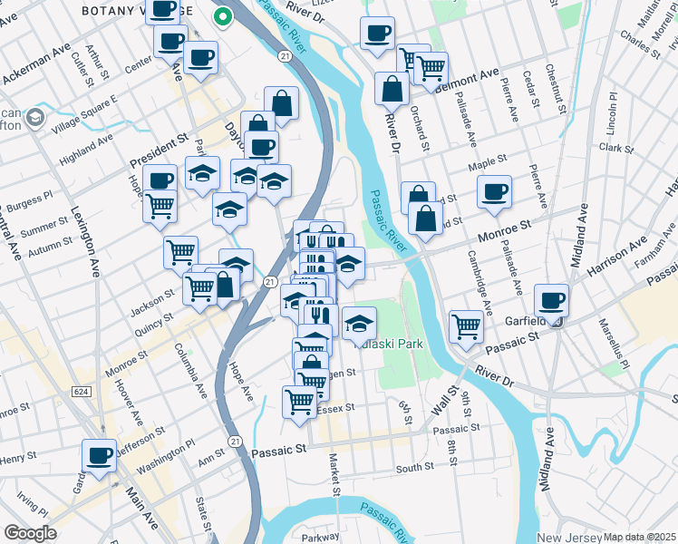 map of restaurants, bars, coffee shops, grocery stores, and more near 205 3rd Street in Passaic