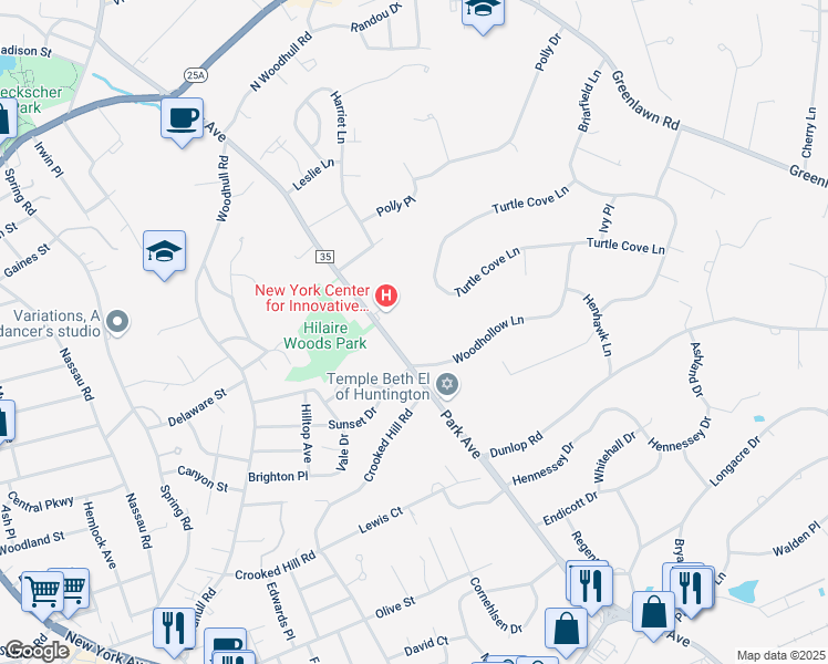 map of restaurants, bars, coffee shops, grocery stores, and more near 646 Park Avenue in Huntington