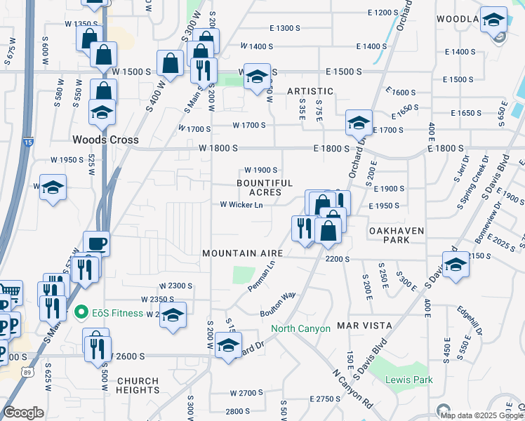 map of restaurants, bars, coffee shops, grocery stores, and more near 55 West 1950 South in Bountiful