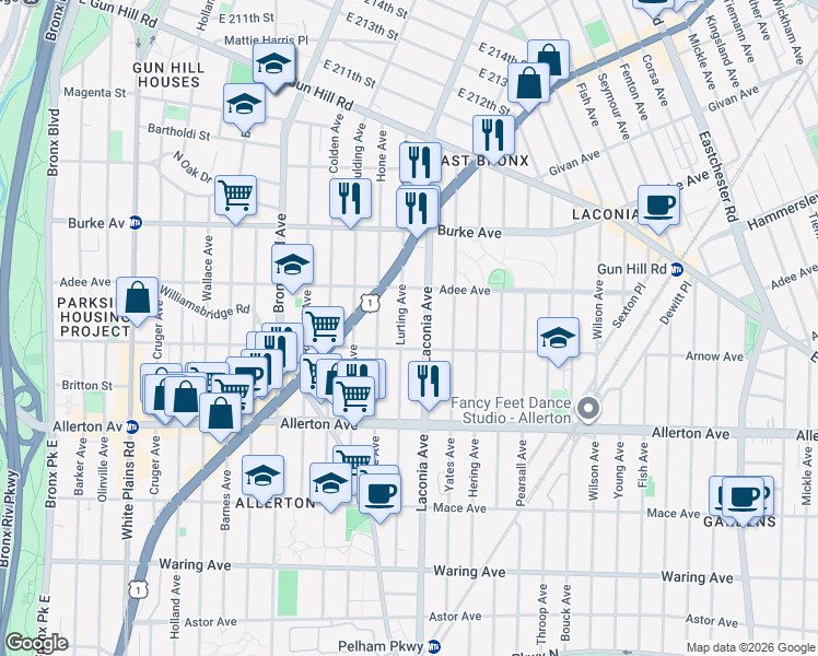 map of restaurants, bars, coffee shops, grocery stores, and more near 2959 Lurting Avenue in Bronx