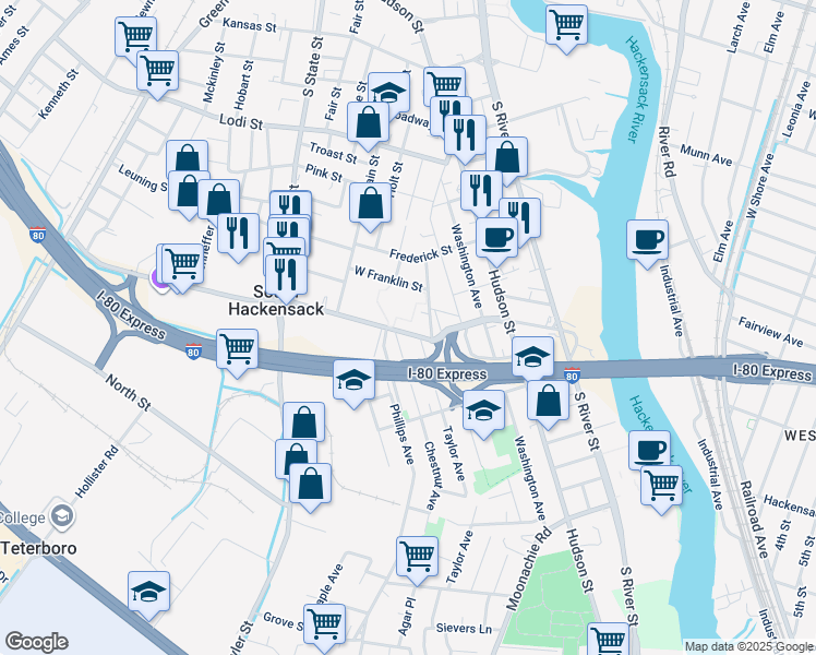 map of restaurants, bars, coffee shops, grocery stores, and more near 100 Kennedy Street in Hackensack
