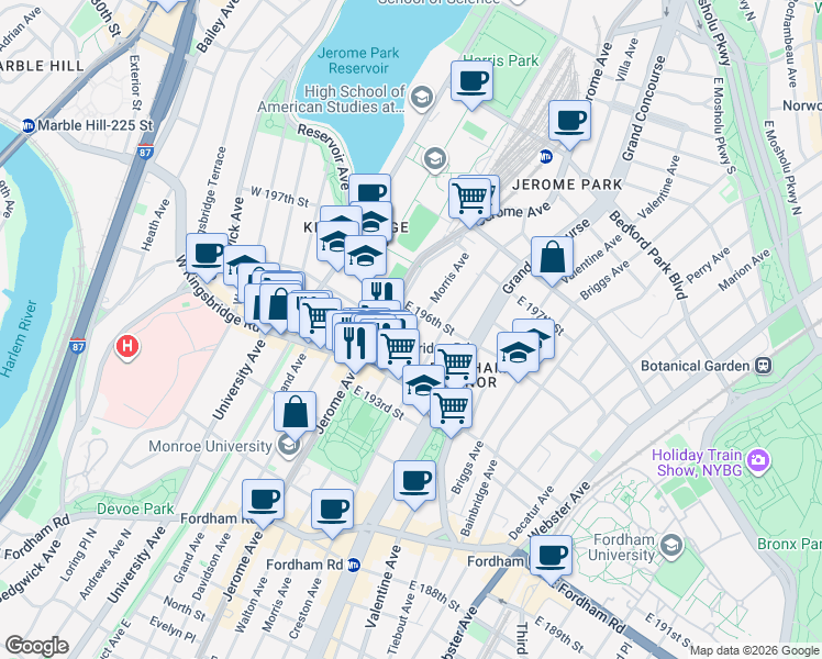 map of restaurants, bars, coffee shops, grocery stores, and more near Jerome Avenue in Bronx