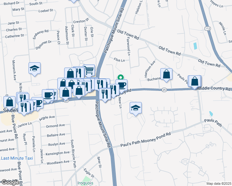 map of restaurants, bars, coffee shops, grocery stores, and more near 624 Lobel Street in Coram