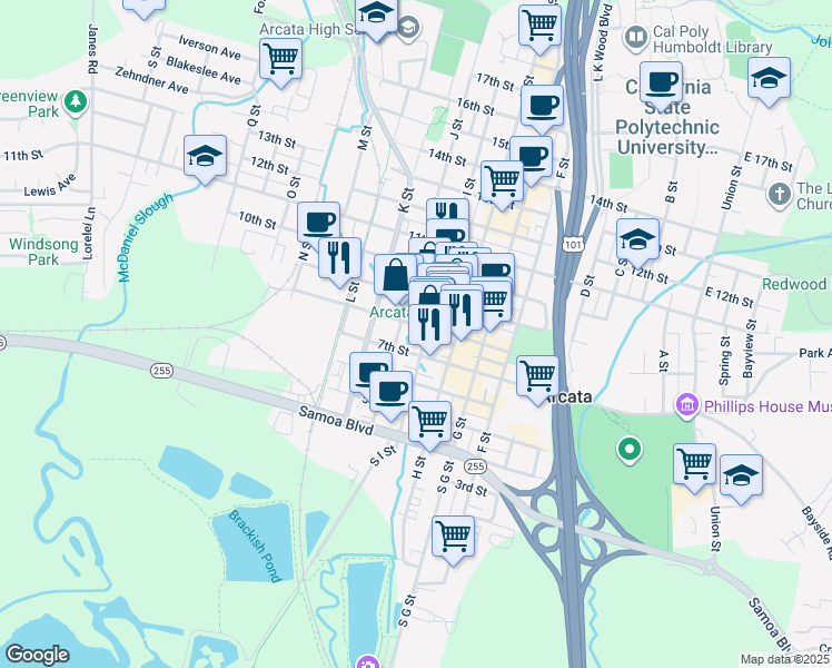 map of restaurants, bars, coffee shops, grocery stores, and more near 789 I Street in Arcata