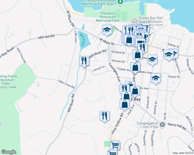 map of restaurants, bars, coffee shops, grocery stores, and more near 54 Capitol Heights Road in Oyster Bay