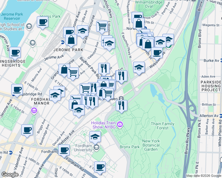 map of restaurants, bars, coffee shops, grocery stores, and more near 380 East 201st Street in Bronx