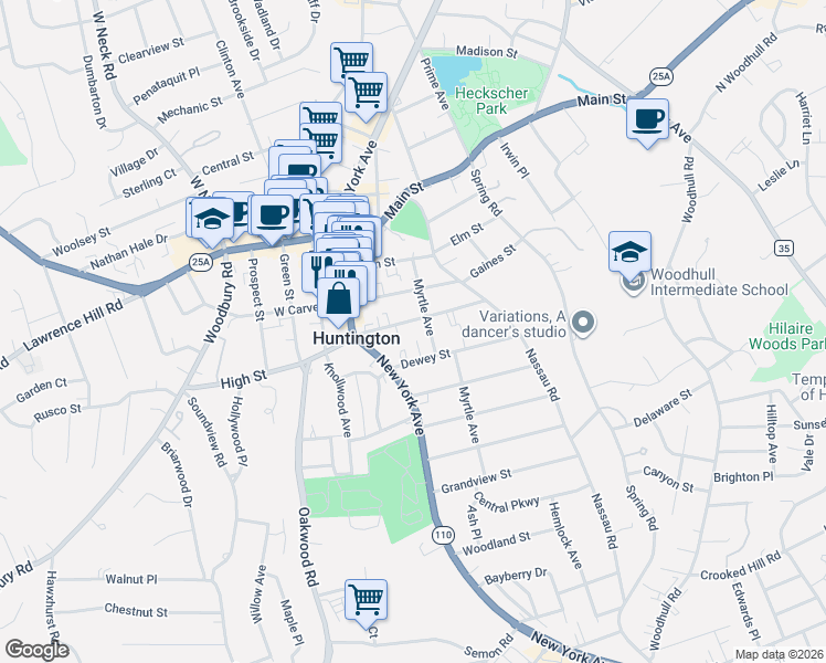map of restaurants, bars, coffee shops, grocery stores, and more near 34 Fairview Street in Huntington