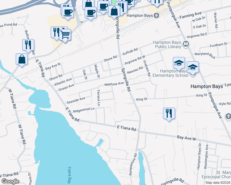 map of restaurants, bars, coffee shops, grocery stores, and more near 42 Neptune Avenue in Hampton Bays