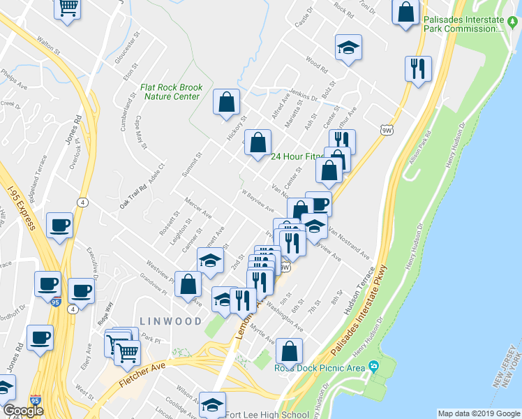 map of restaurants, bars, coffee shops, grocery stores, and more near 34 West Bayview Avenue in Englewood Cliffs