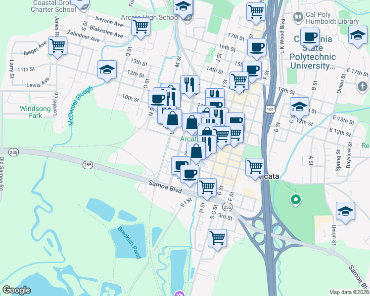 map of restaurants, bars, coffee shops, grocery stores, and more near 801 K Street in Arcata