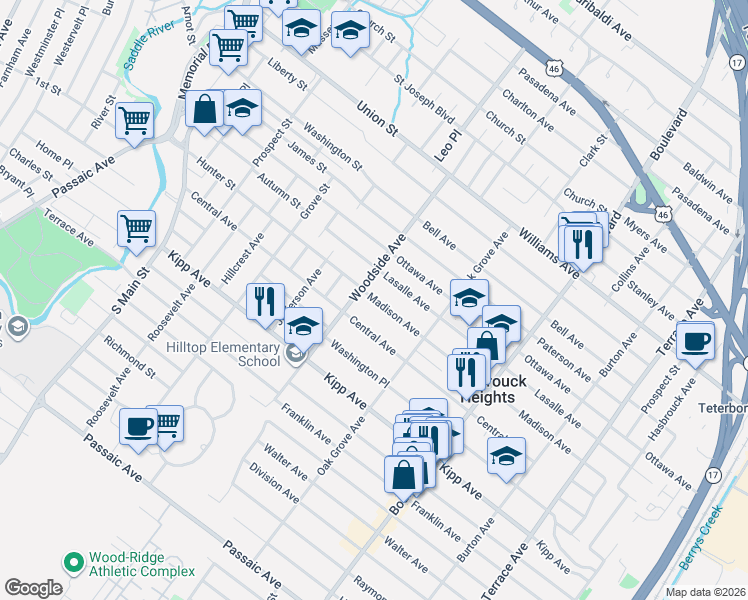 map of restaurants, bars, coffee shops, grocery stores, and more near 72 Lasalle Avenue in Hasbrouck Heights