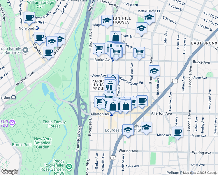 map of restaurants, bars, coffee shops, grocery stores, and more near 2959 White Plains Road in The Bronx