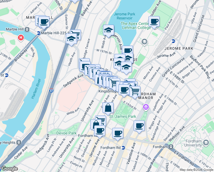 map of restaurants, bars, coffee shops, grocery stores, and more near 2691 Reservoir Avenue in Bronx
