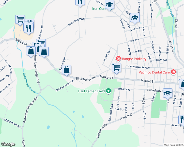 map of restaurants, bars, coffee shops, grocery stores, and more near 18 Kennedy Avenue in Bangor